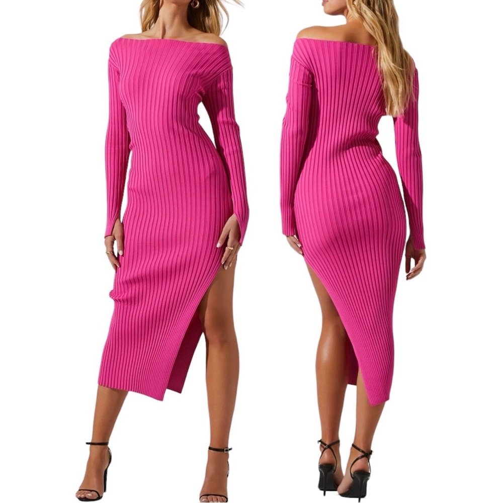 New ASTR Ribbed Knit Off Shoulder Long Sleeve Slit Midi Sweater Dress Pink XS